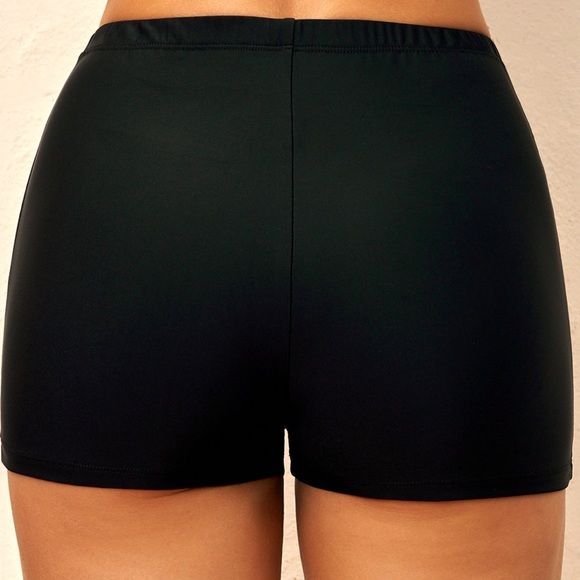 Black Mid Waisted Elastic Detail Swimwear Shorts - Picture 2 of 6